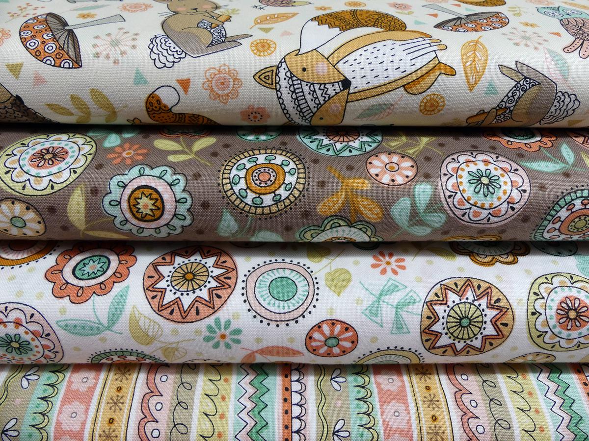 Quiltstoff aus der Serie Doodle Days mit Kreisen und Blumen auf taupe farbenen Untergrund von Makower Mix